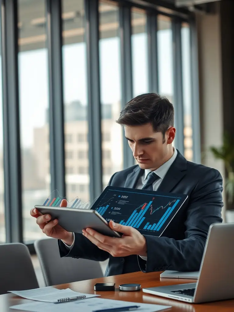 A person analyzing a portfolio performance chart on a tablet, with various graphs and financial data displayed, representing portfolio management.