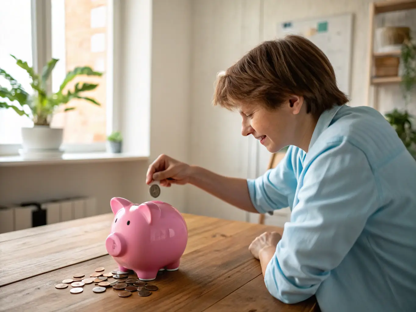 A person putting coins into a piggy bank, with a house in the background, representing saving for a down payment.