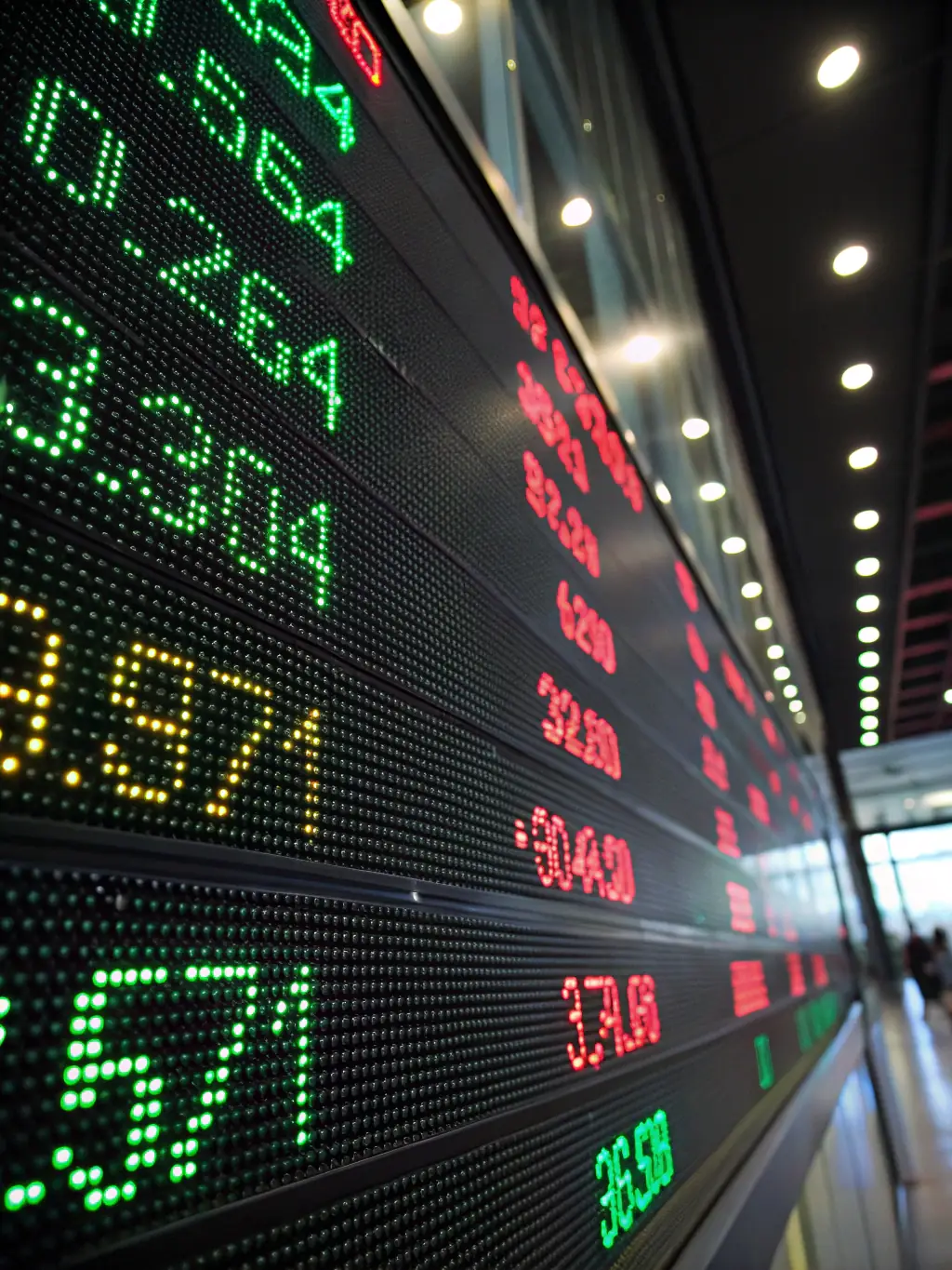 A close-up shot of a stock market ticker displaying real-time data, with arrows indicating upward trends, symbolizing growth and investment opportunities.