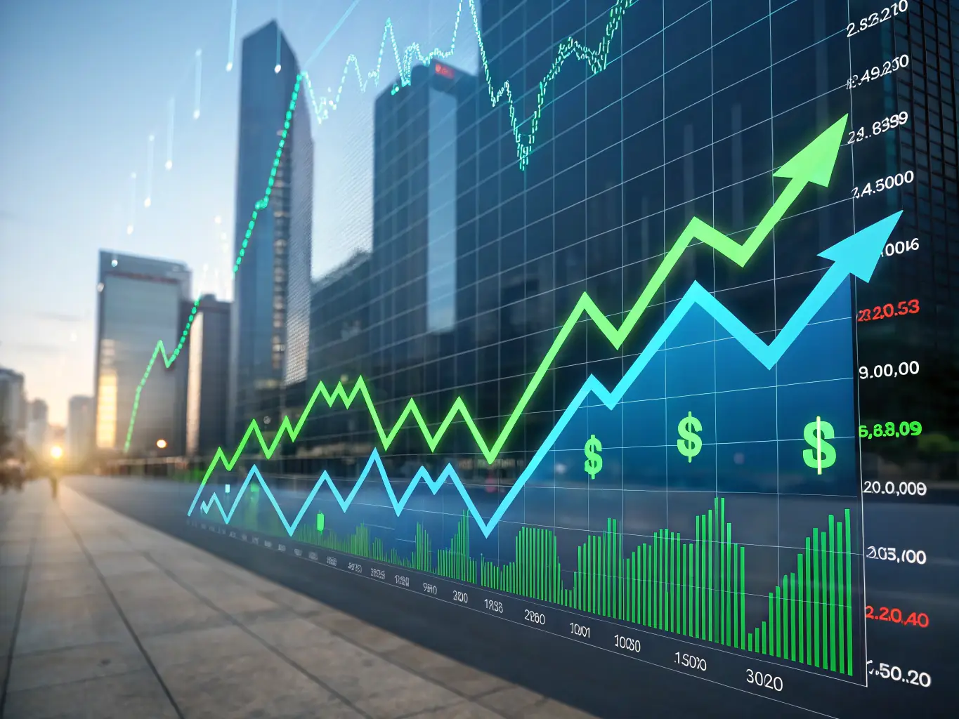 A stock chart showing upward trends, with coins and currency symbols overlaid, representing investment opportunities.